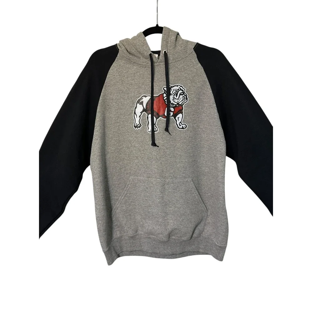 Mens Gray Black Bulldog Graphic Raglan Hoodie Sweatshirt‎ Size L